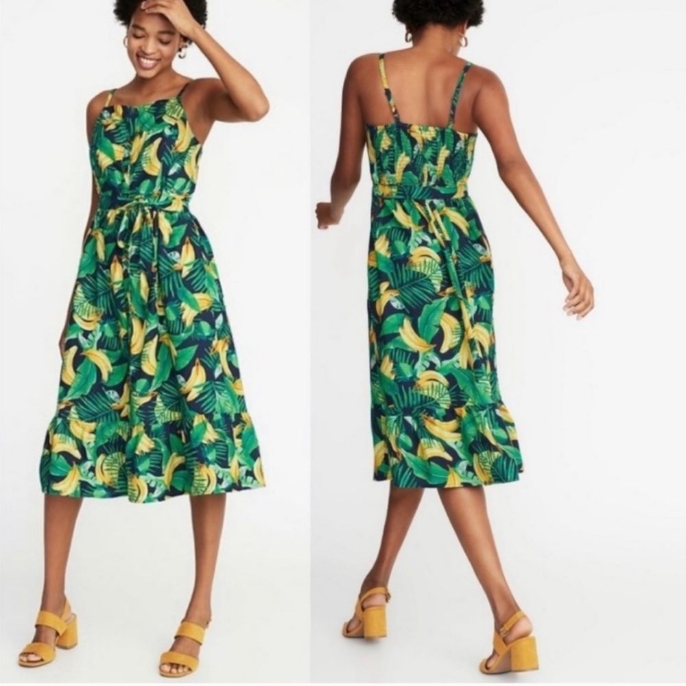 Tie-Belt Square-Neck Banana-Print Midi Dress